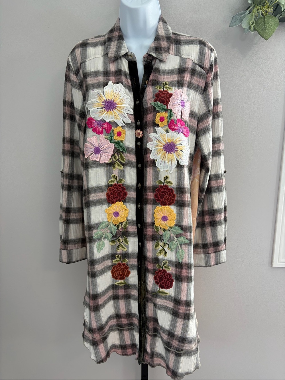NWOT Aratta Silent Journey-Pink Plaid Floral Embroidered Long Sleeve Shirt Dress